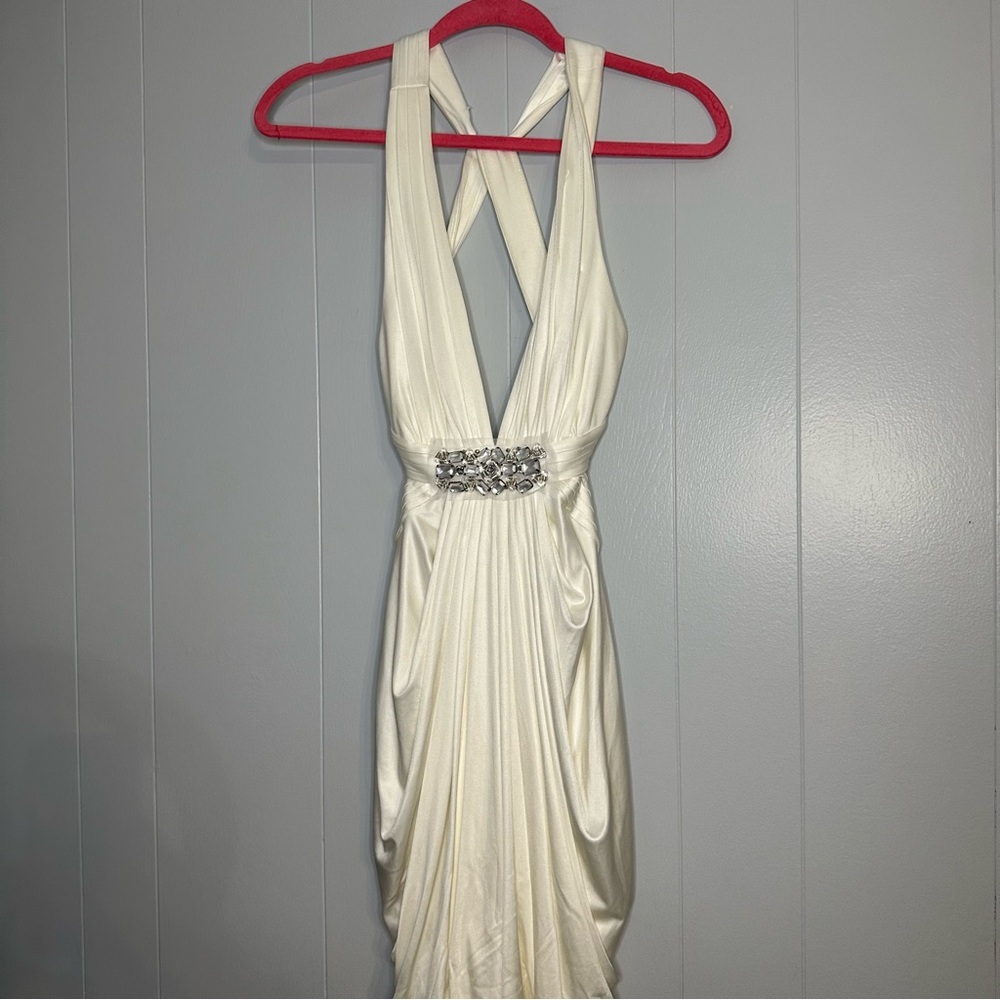 BCBGMaxAzria Cream Halter Gown with Plunge Neckline